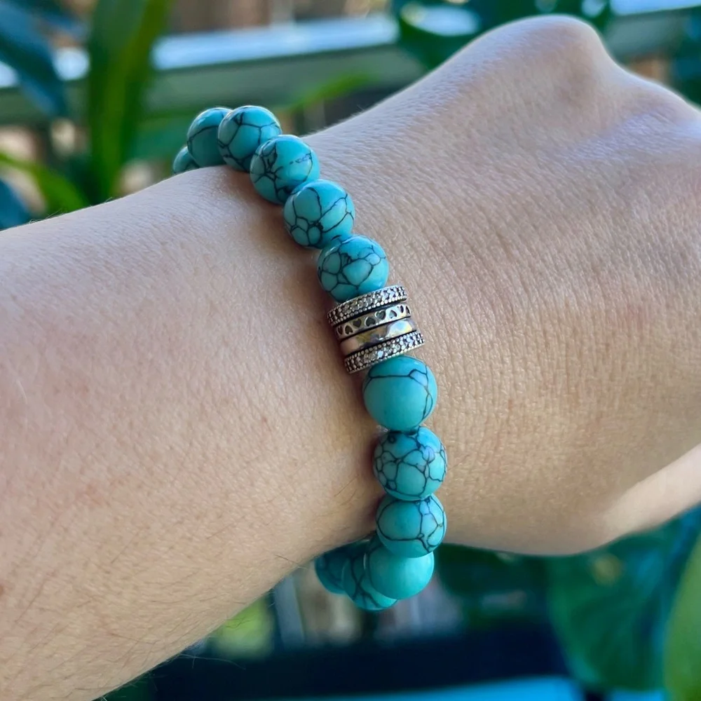 Turquoise Beaded Bracelet with S925 Barrel Charm